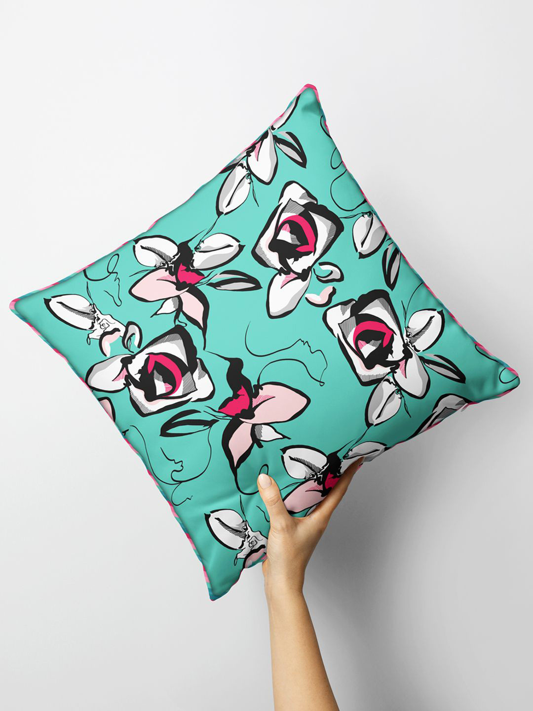 BIANCA Coral Floral Silk Linen Anti-Wrinkle Square Cushion Cover - 16 x 16 Inches