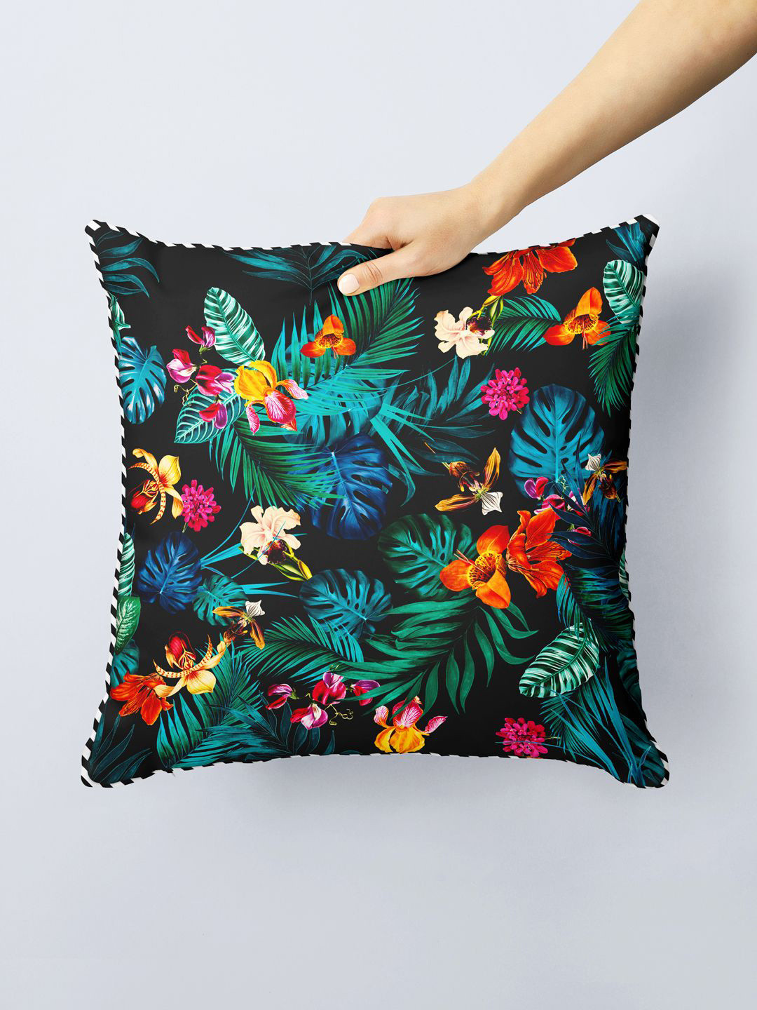 BIANCA Black Floral Silk Linen Breathable Square Cushion Cover -16x16In