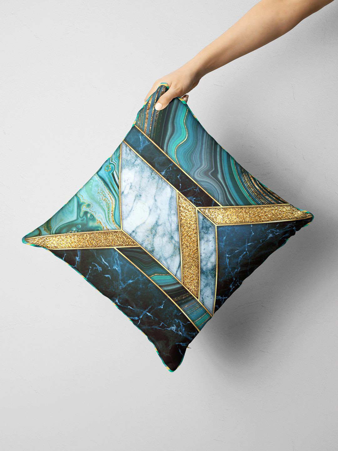 BIANCA Teal & Beige Geometric Square Cushion Covers