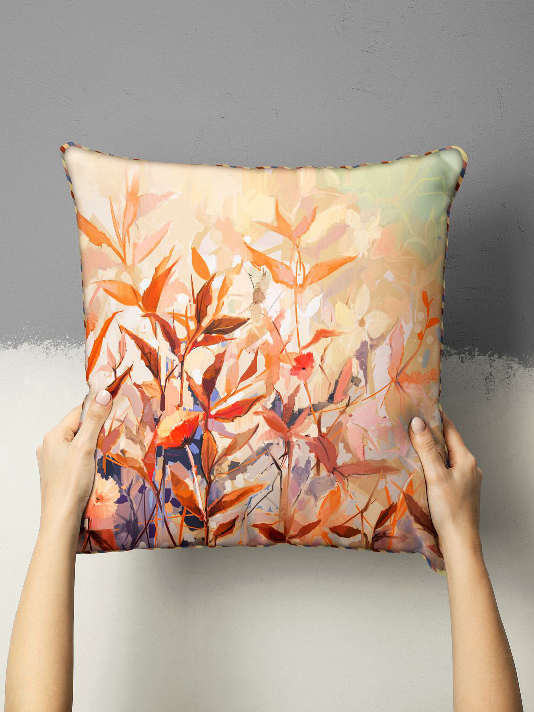 BIANCA Brown Floral Silk Linen Anti-Wrinkle Patchwork Square Cushion Cover -16x16In