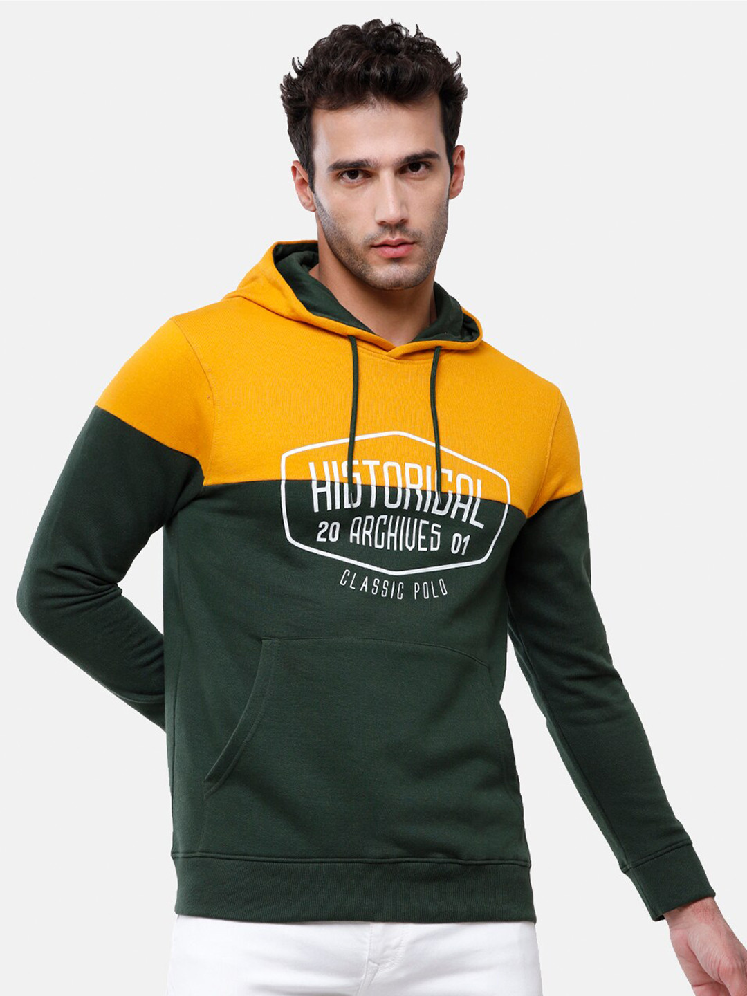 Classic Polo Men Green & Yellow Colourblocked Pure Cotton Hooded Sweatshirt