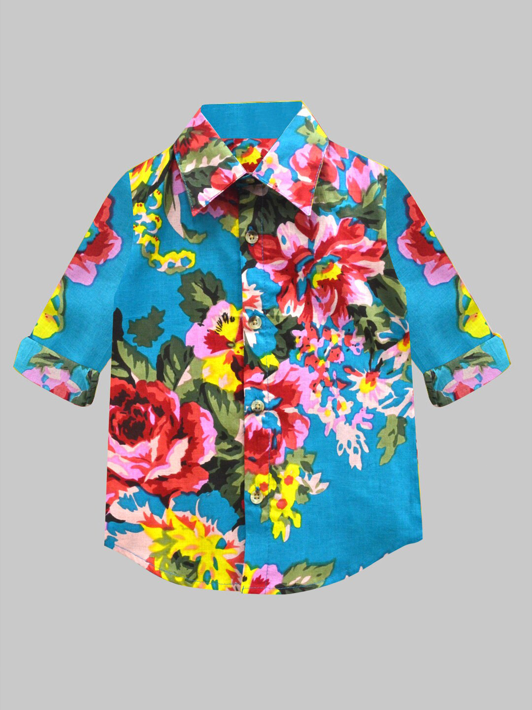 A T U N Boys Teal Blue Classic Floral Printed Pure Cotton Casual Shirt