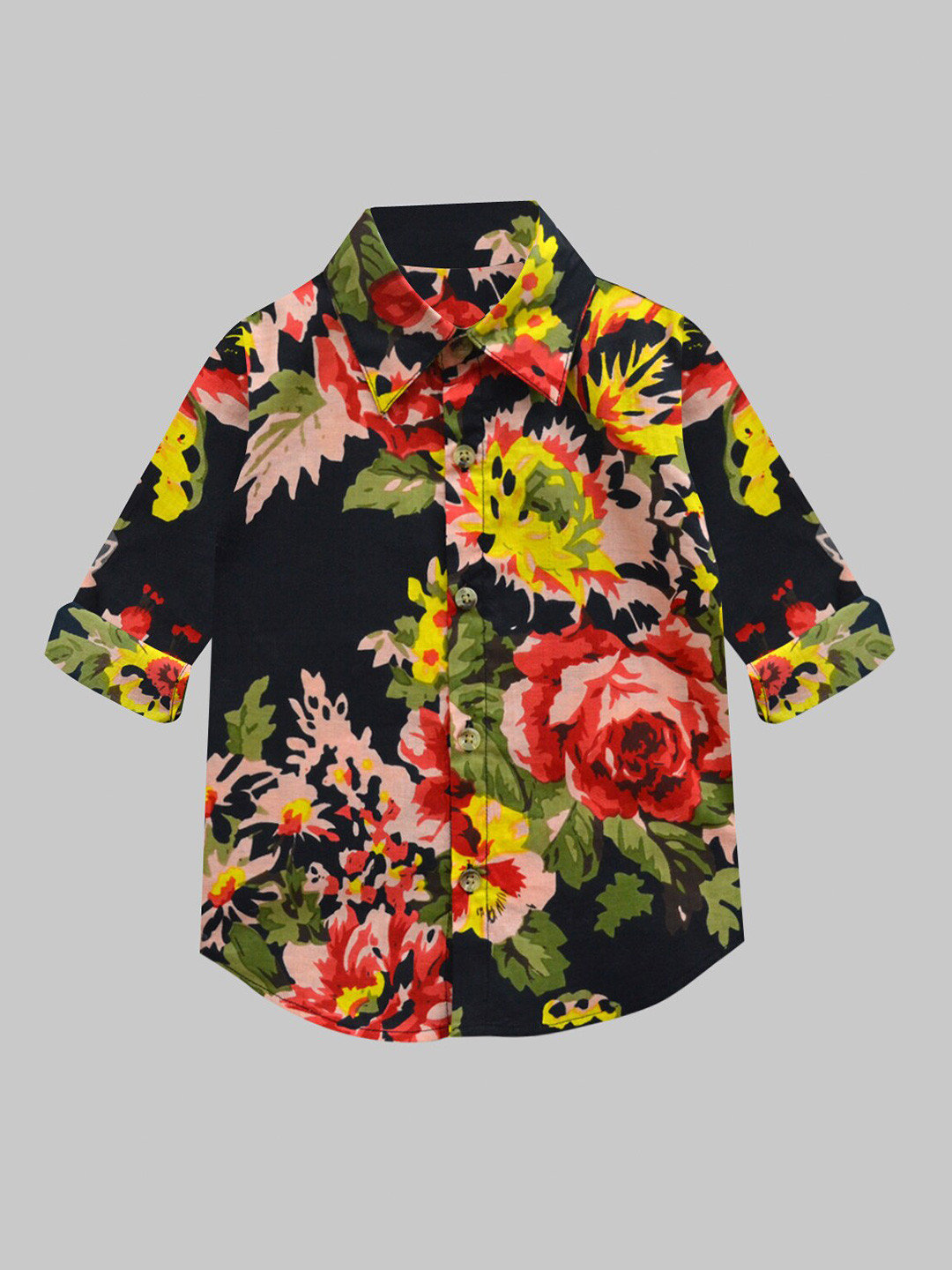A T U N Boys Black Classic Floral Printed Pure Cotton Casual Shirt