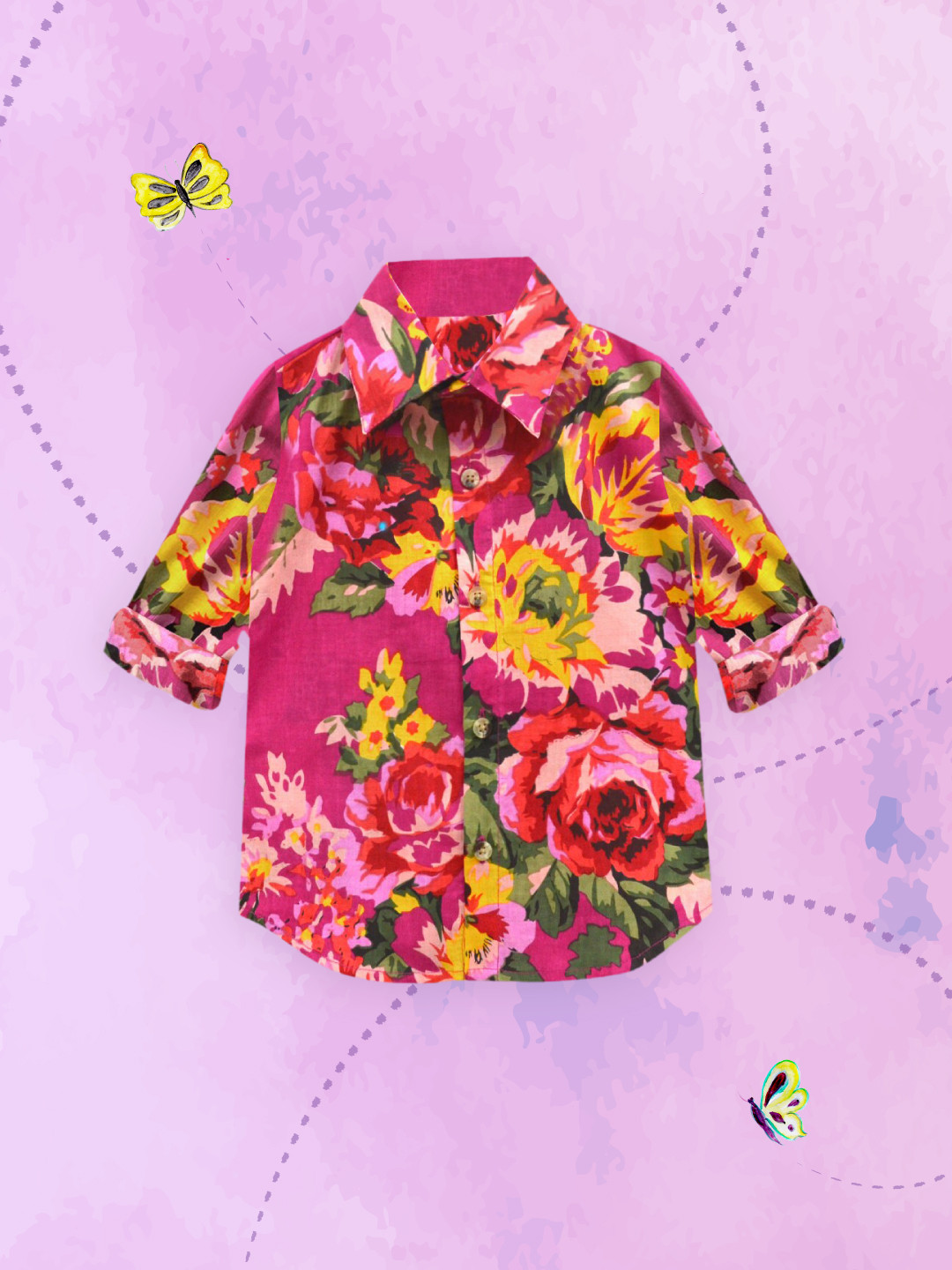 A T U N Boys Magenta Classic Floral Printed Pure Cotton Casual Shirt