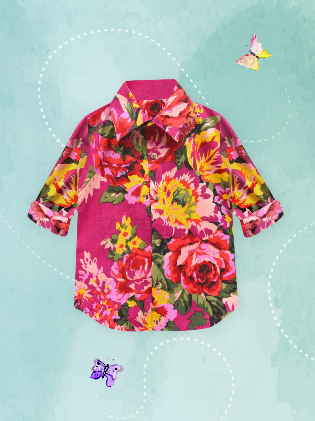A T U N Boys Magenta Classic Floral Printed Pure Cotton Casual Shirt