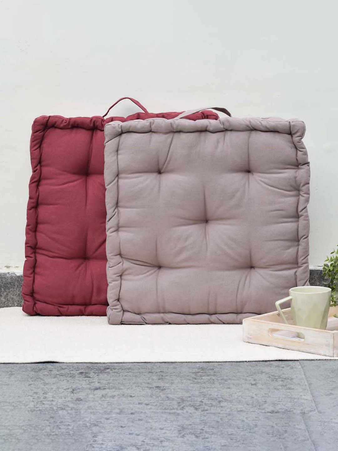 BLANC9 Set of 2 Maroon & Grey Floor Cushion