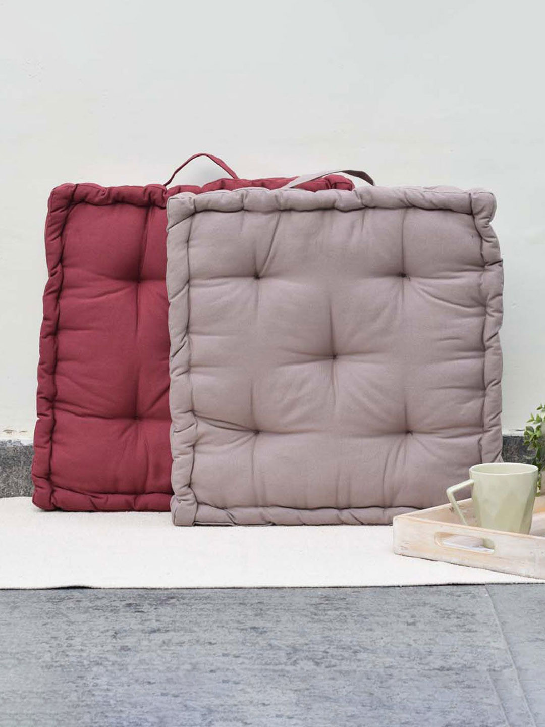 BLANC9 Set of 2 Maroon & Grey Solid Square Floor Cushion