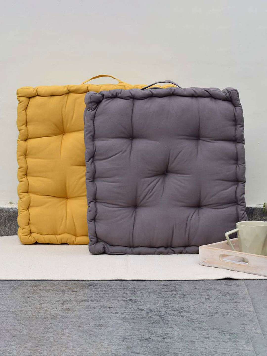 BLANC9 Set of 2 Yellow & Grey Solid Square Floor Cushion