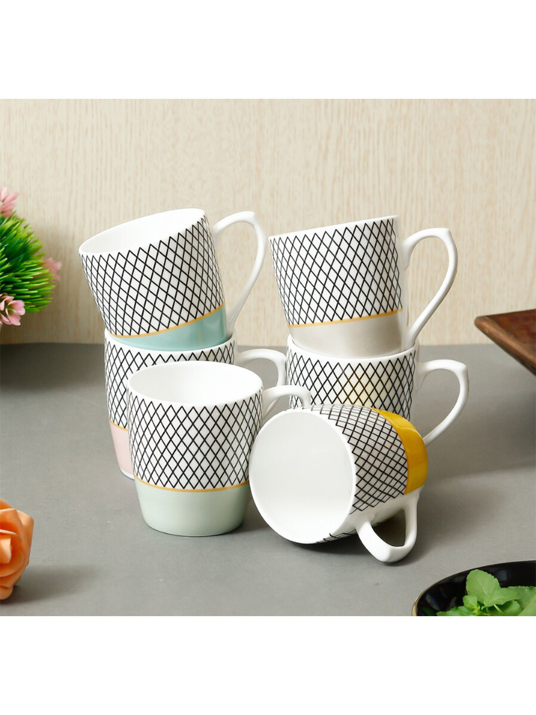 Femora Wax Tadpole White Geometric Ceramic Handcrafted 6 Piece Cups-160ml
