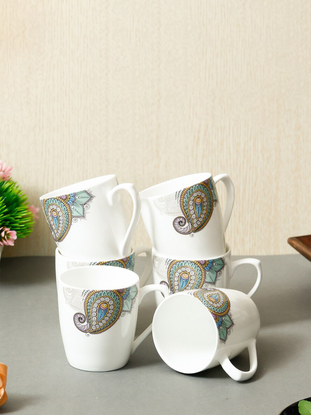 Femora White & Blue Printed Bone China Matte Set of 6 Cups