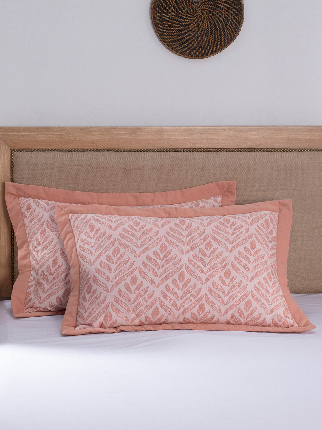 MASPAR Set Of 2 Peach-Coloured & White Printed 100 GSM Cotton Pillow Covers
