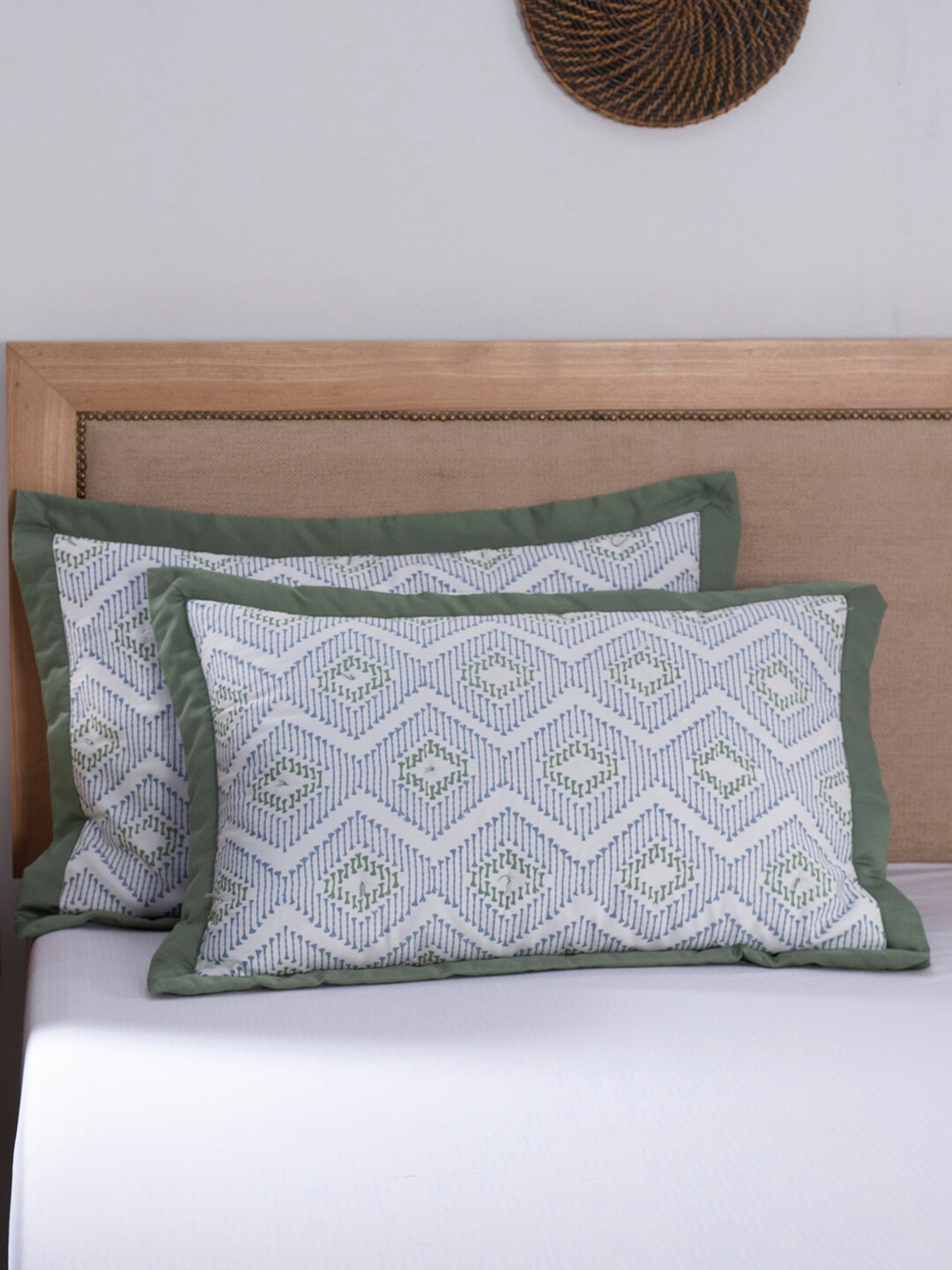 MASPAR Set of 2 Blue & Green Geometric Printed 100 GSM Cotton Pillow Covers