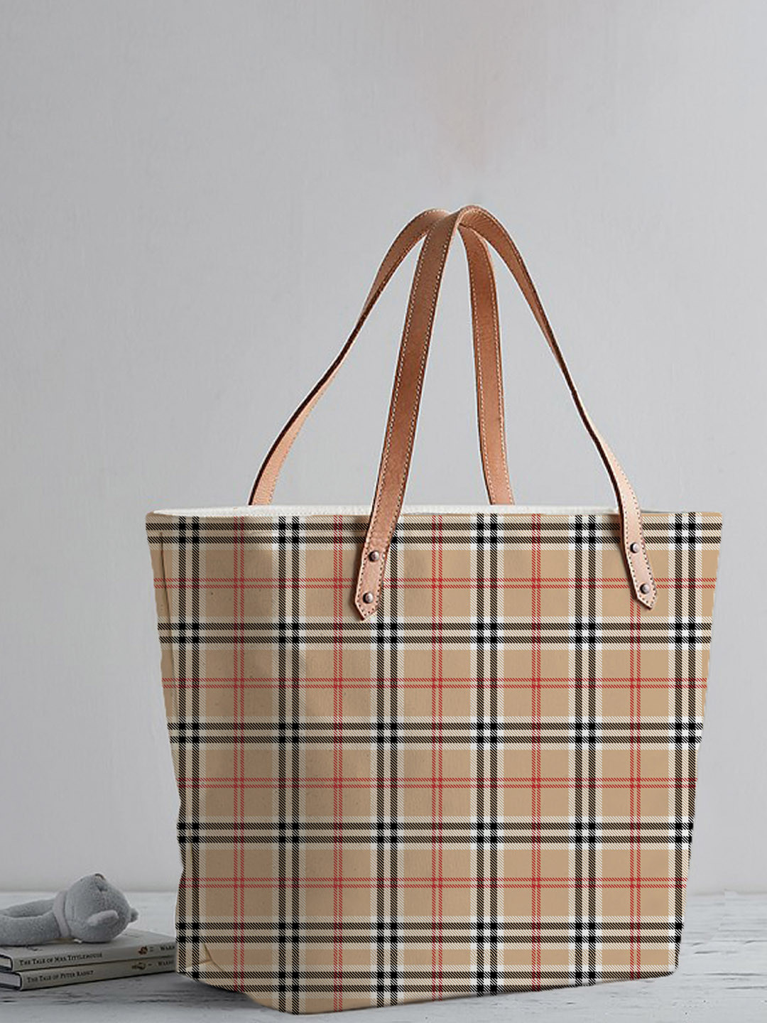 STYBUZZ Beige Checked Structured Tote Bag