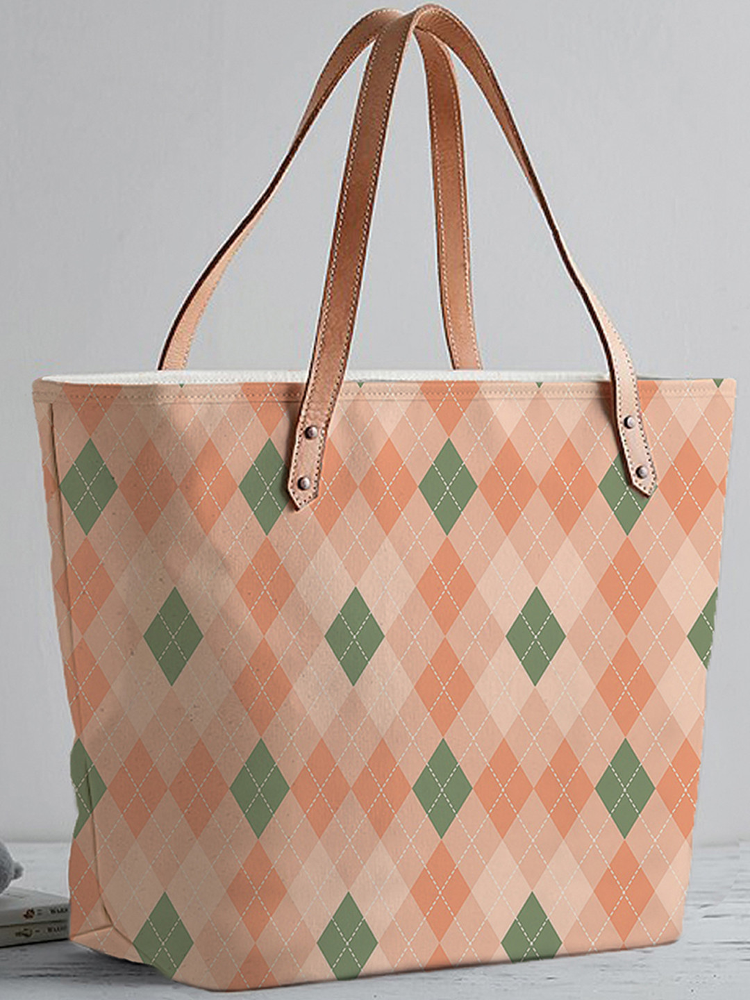 STYBUZZ Peach-Coloured Geometric Printed Shopper Tote Bag With Vegan Leather Handles