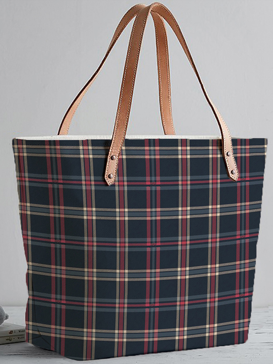 STYBUZZ Blue & Red Checked Tote Bag