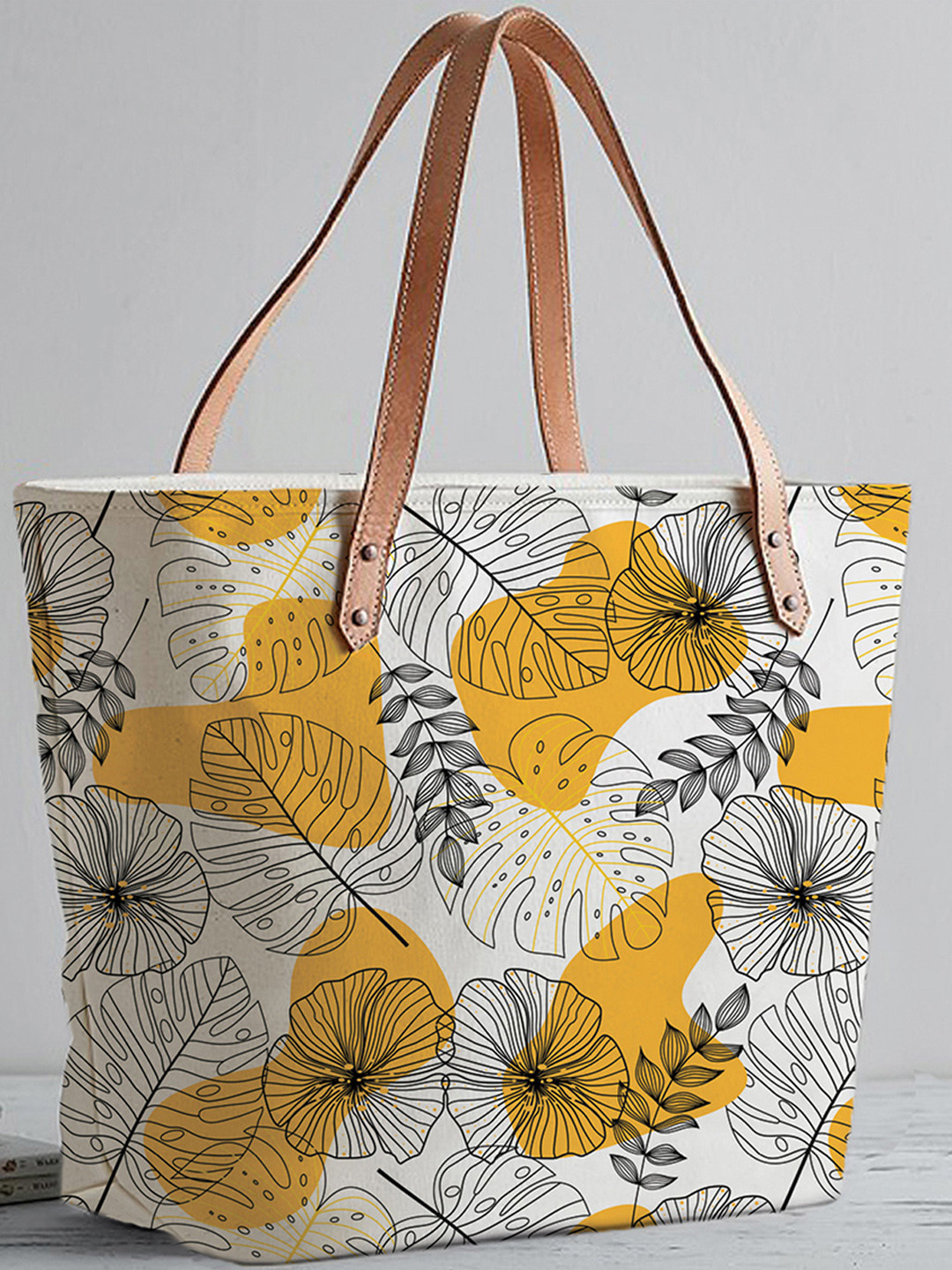 STYBUZZ White Tropical Print Shopper Tote Bag With Vegan Leather Handles
