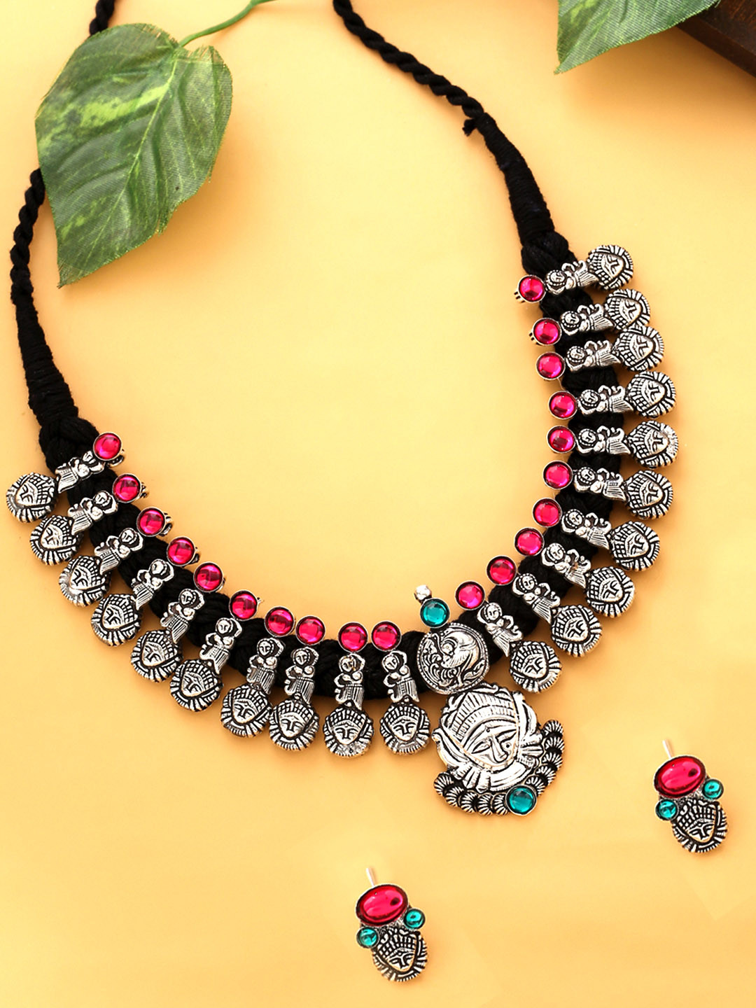 Yellow Chimes Oxidised Silver-Plated Red & Green Maharashtrian Antique Jewellery Set