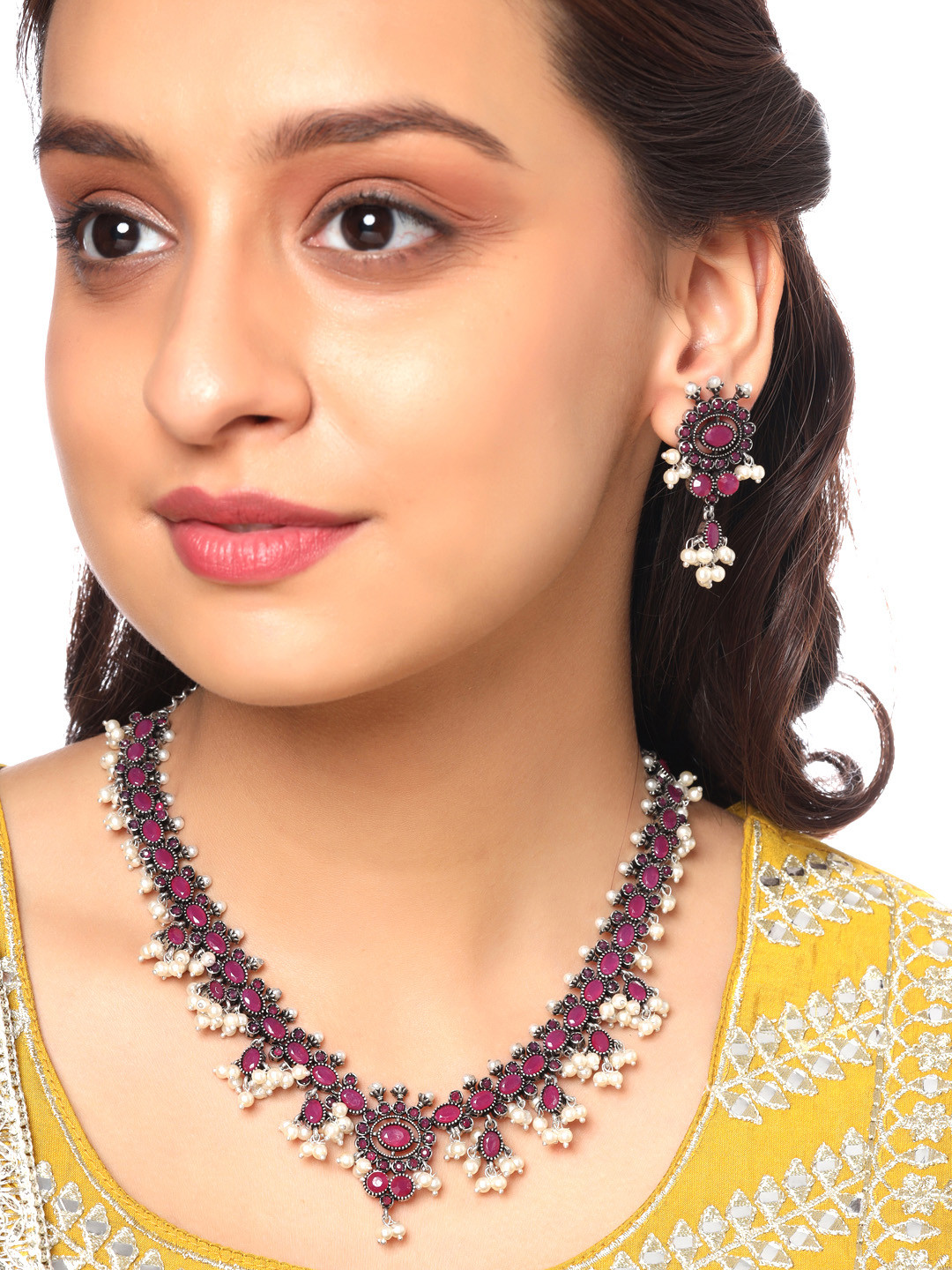 Yellow Chimes Oxidised Silver-Plated Kundan Studded Small Beads Jewellery Set