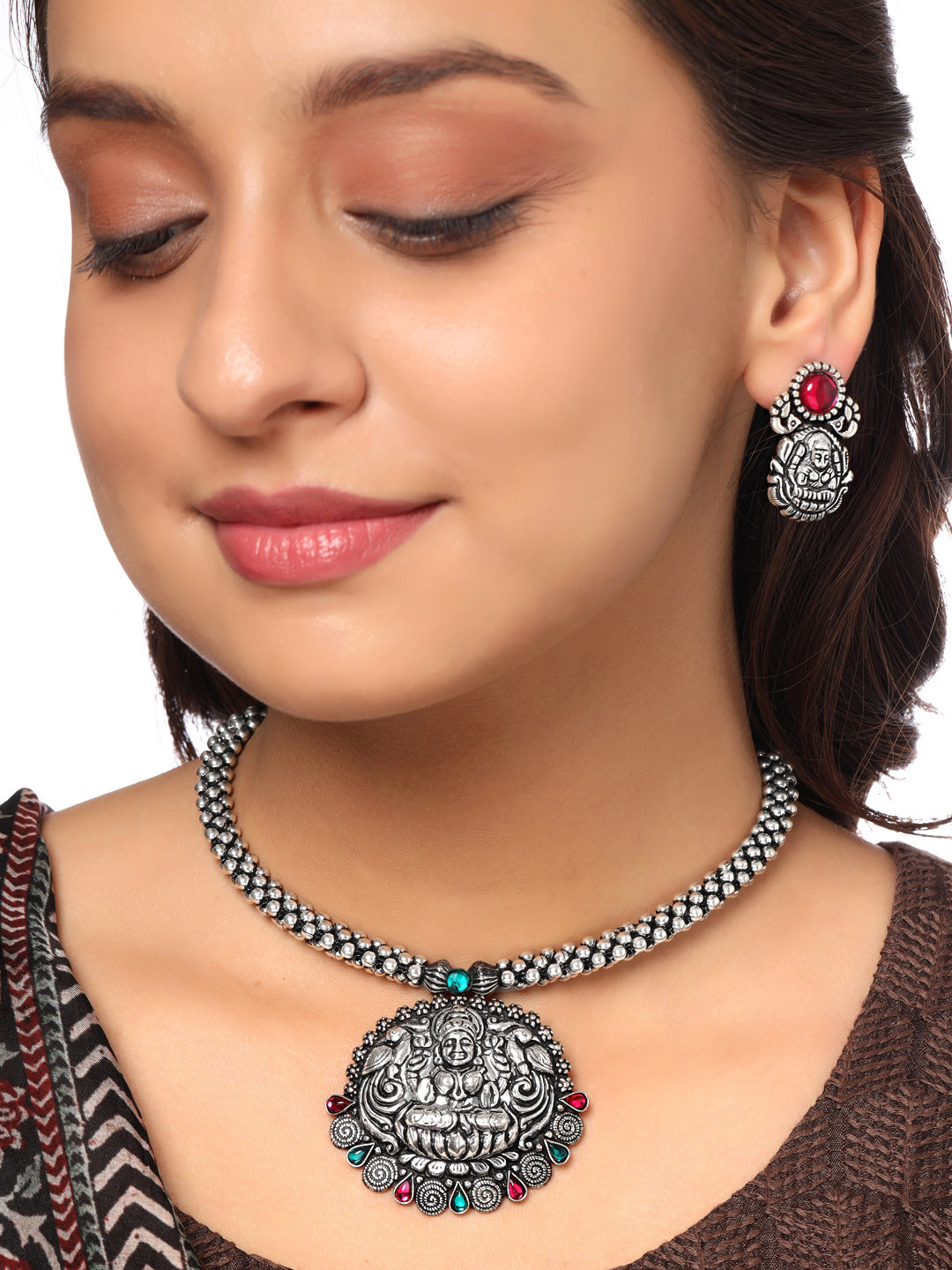 Yellow Chimes Pink & Green Silver-Plated Oxidised Stone-Studded Antique Jewellery Set