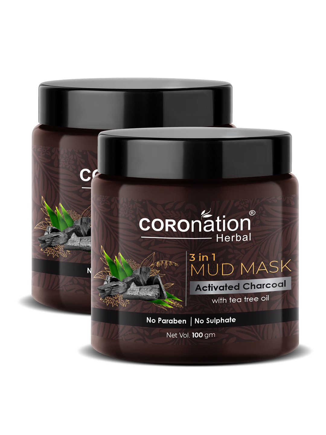 COROnation Herbal Set of 2 Activated Charcoal 3-in-1 Mud Masks - Tea Tree Oil - 100 g each