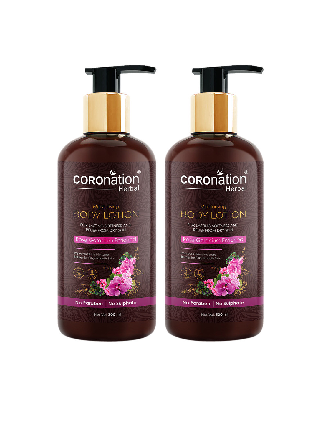 COROnation Herbal Set of 2 Rose Geranium Enriched Moisturising Body Lotions - 300 ml Each