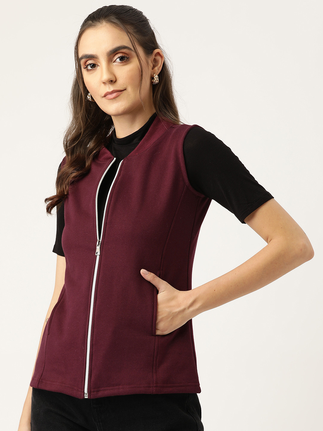 BRINNS Women Burgundy Solid  Fleece Tailored Jacket