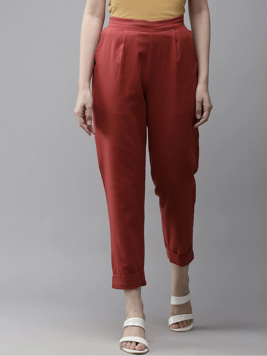 Amirah s Women Maroon Straight Fit Cropped Pure Cotton Trousers