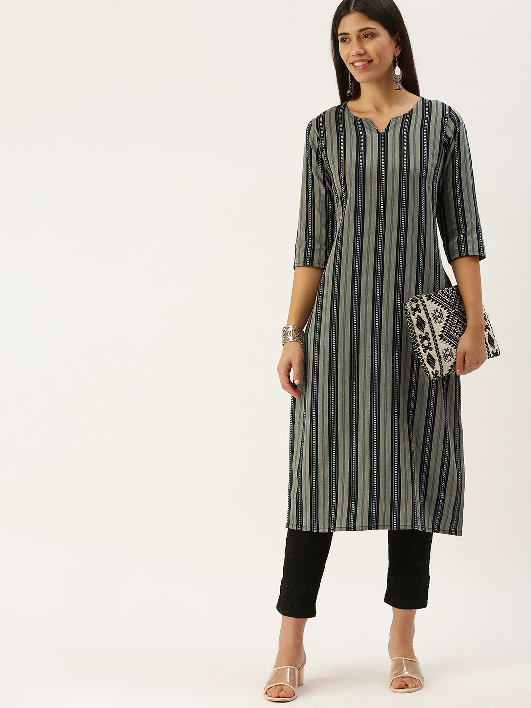 Saanjh Grey & Black Striped Straight Kurti