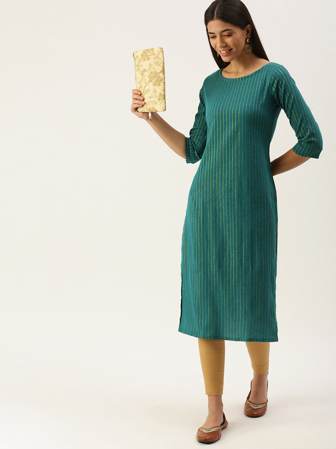 Saanjh Green & Yellow Striped Boat Neck Straight Kurti