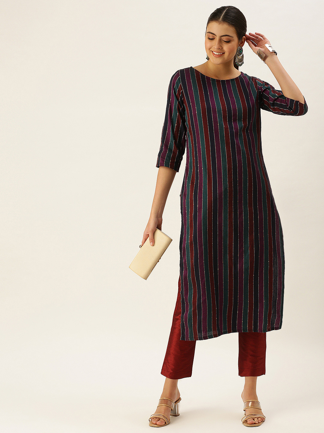 Saanjh Multicoloured Striped Boat Neck Straight Kurti