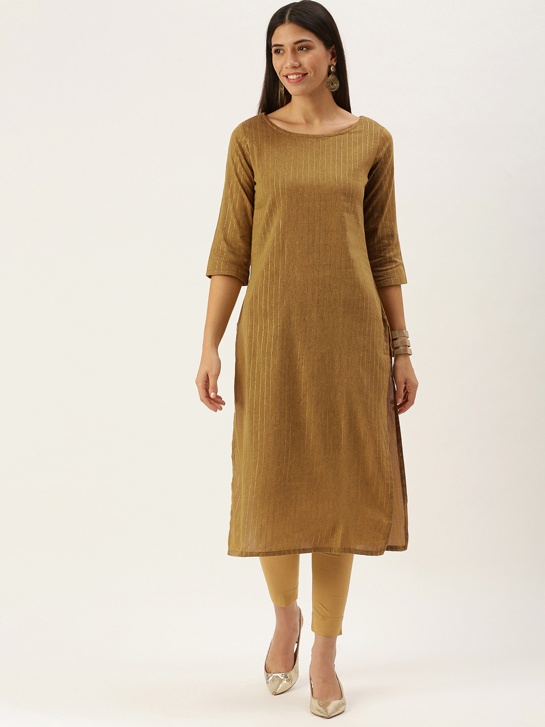 Saanjh Green & Mustard Yellow Striped Boat Neck Straight Kurti