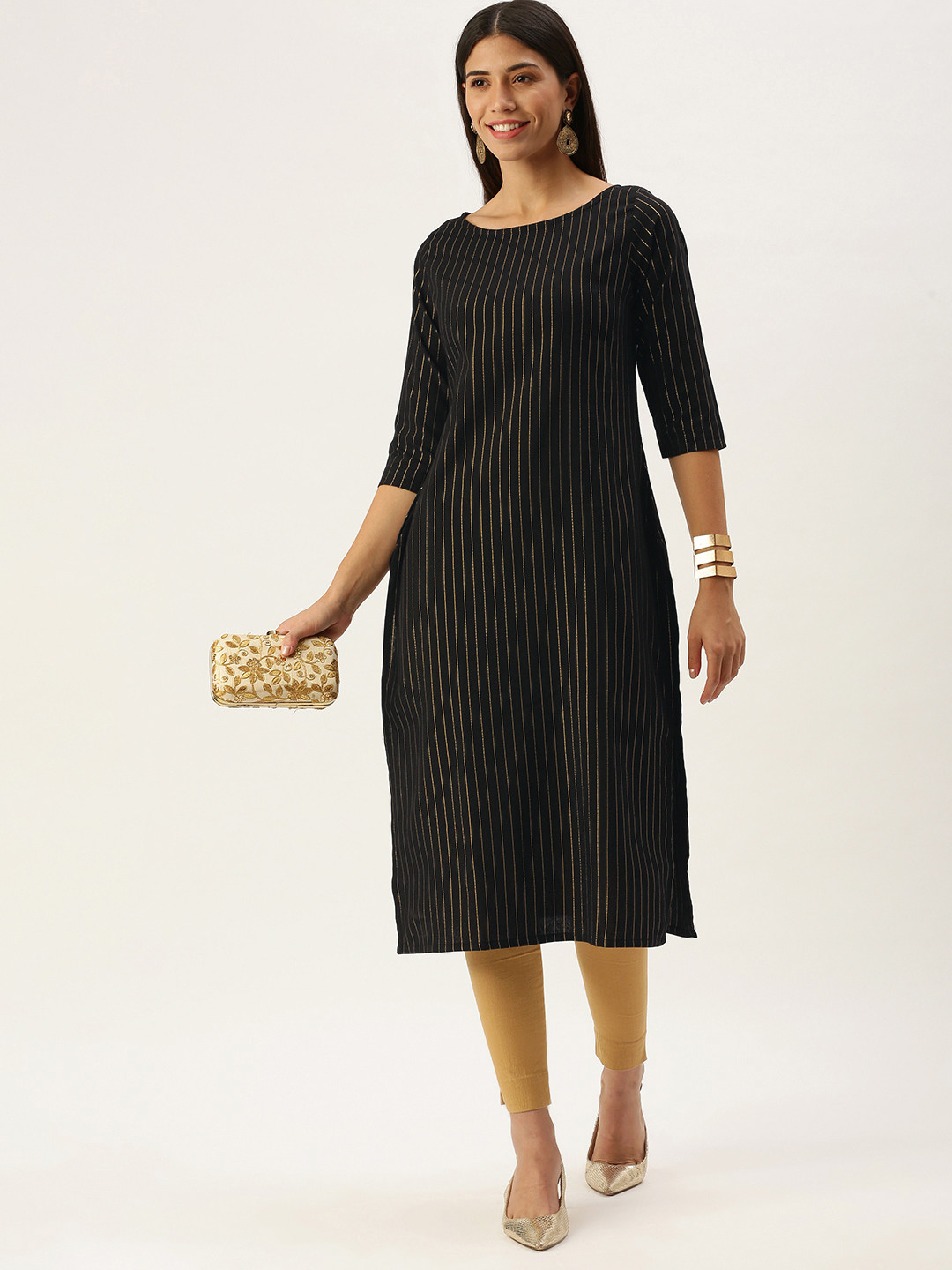 Saanjh Black & Yellow Striped Boat Neck Straight Kurta