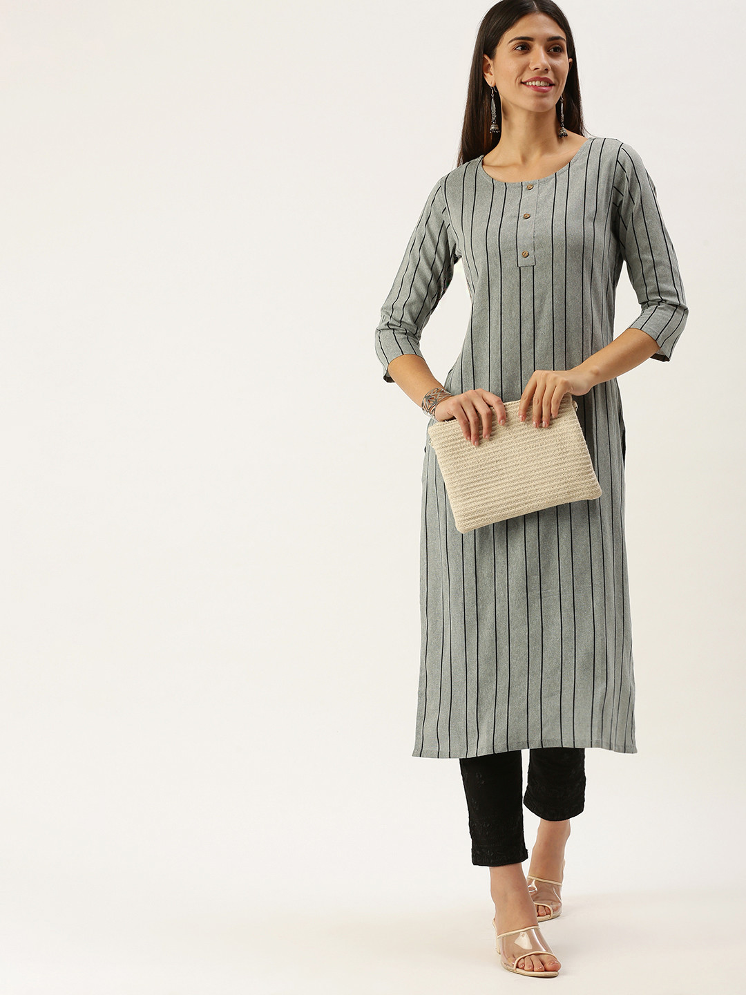 Saanjh Grey & Black Striped Straight Kurti