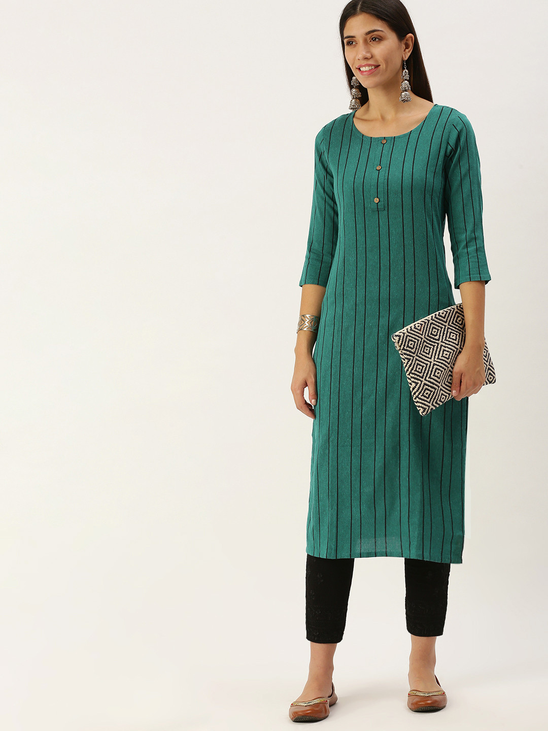 Saanjh Green & Black Striped Straight Kurti