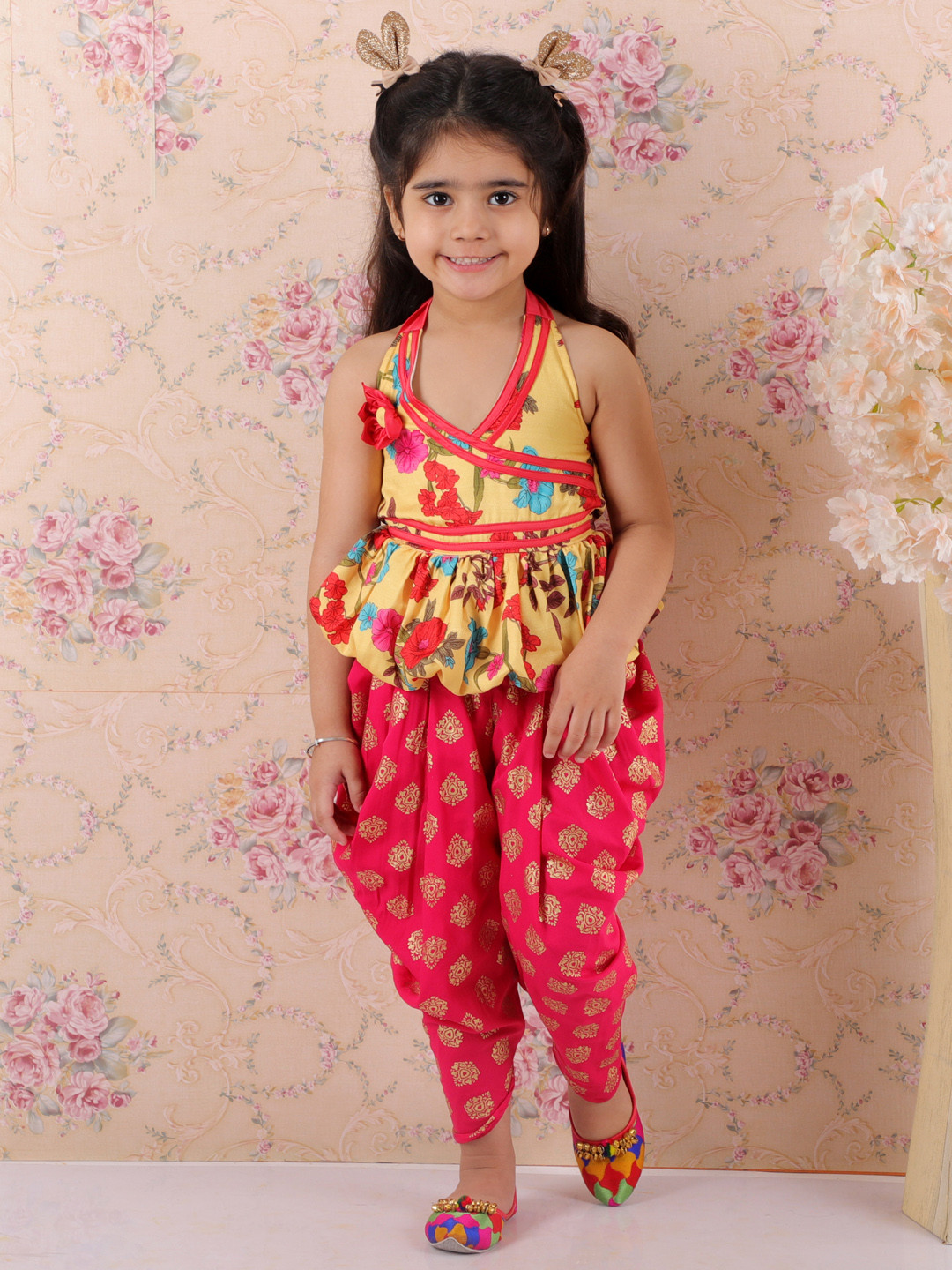Twisha Girls Yellow & Red Floral Printed Angrakha Kurti with Dhoti Pants