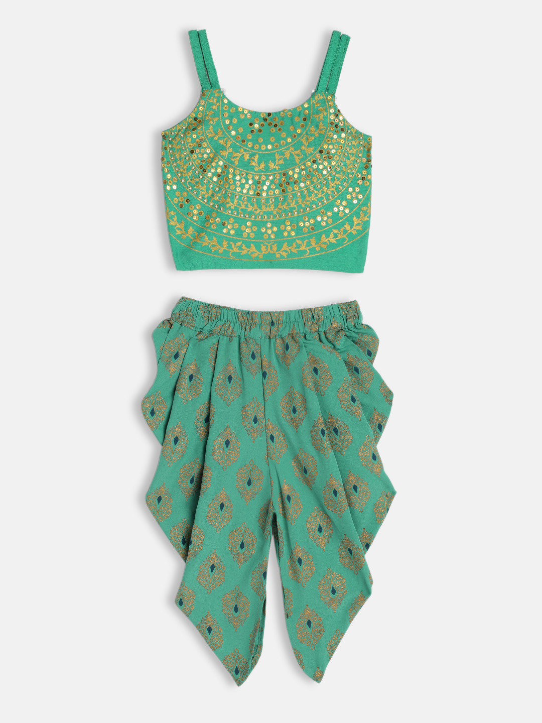 Twisha Girls Green & Golden Sequinned Top with Dhoti Pants