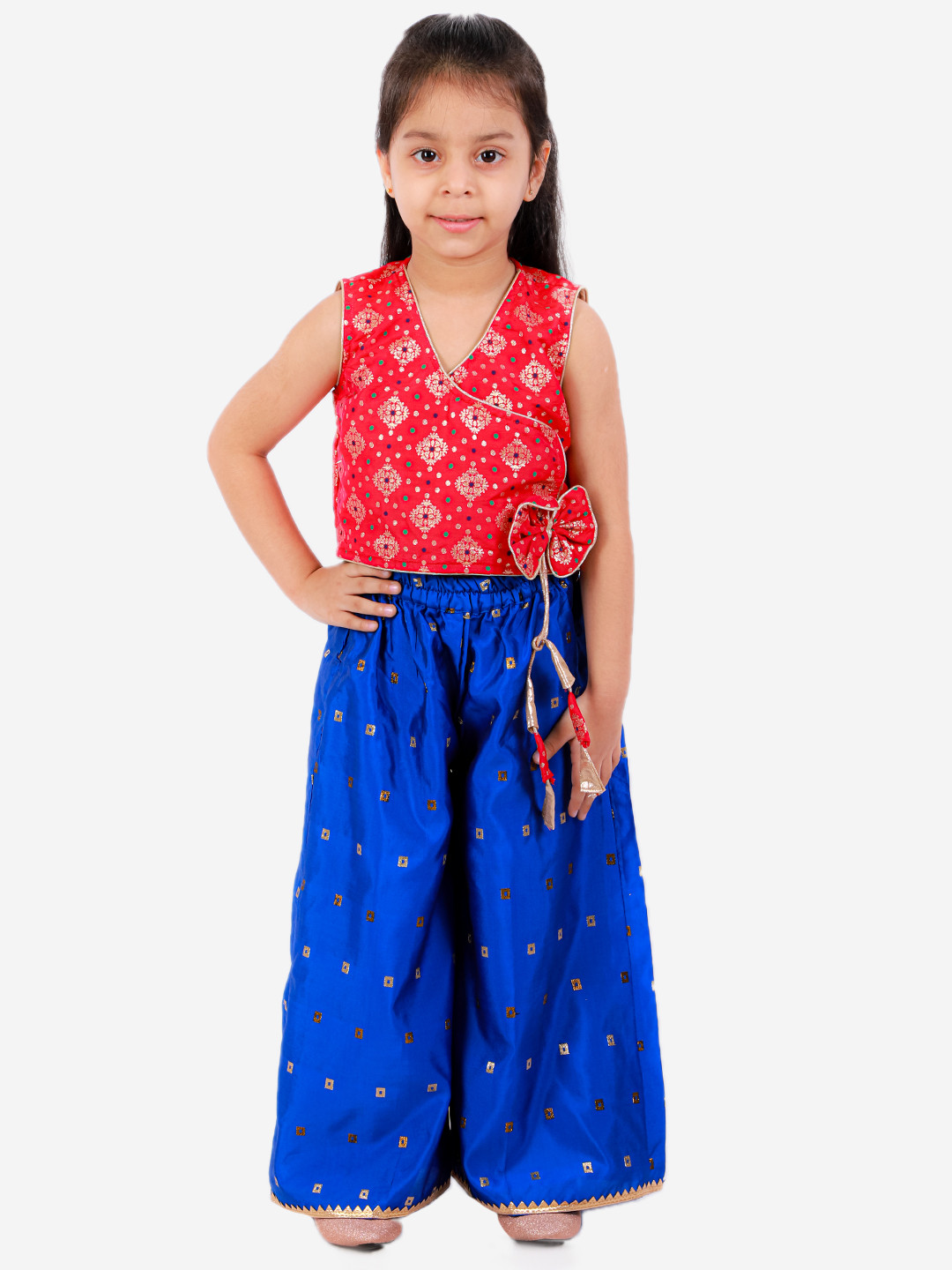 Twisha Girls Red & Blue Ethnic Motifs Printed Angrakha Gotta Patti Top with Palazzos