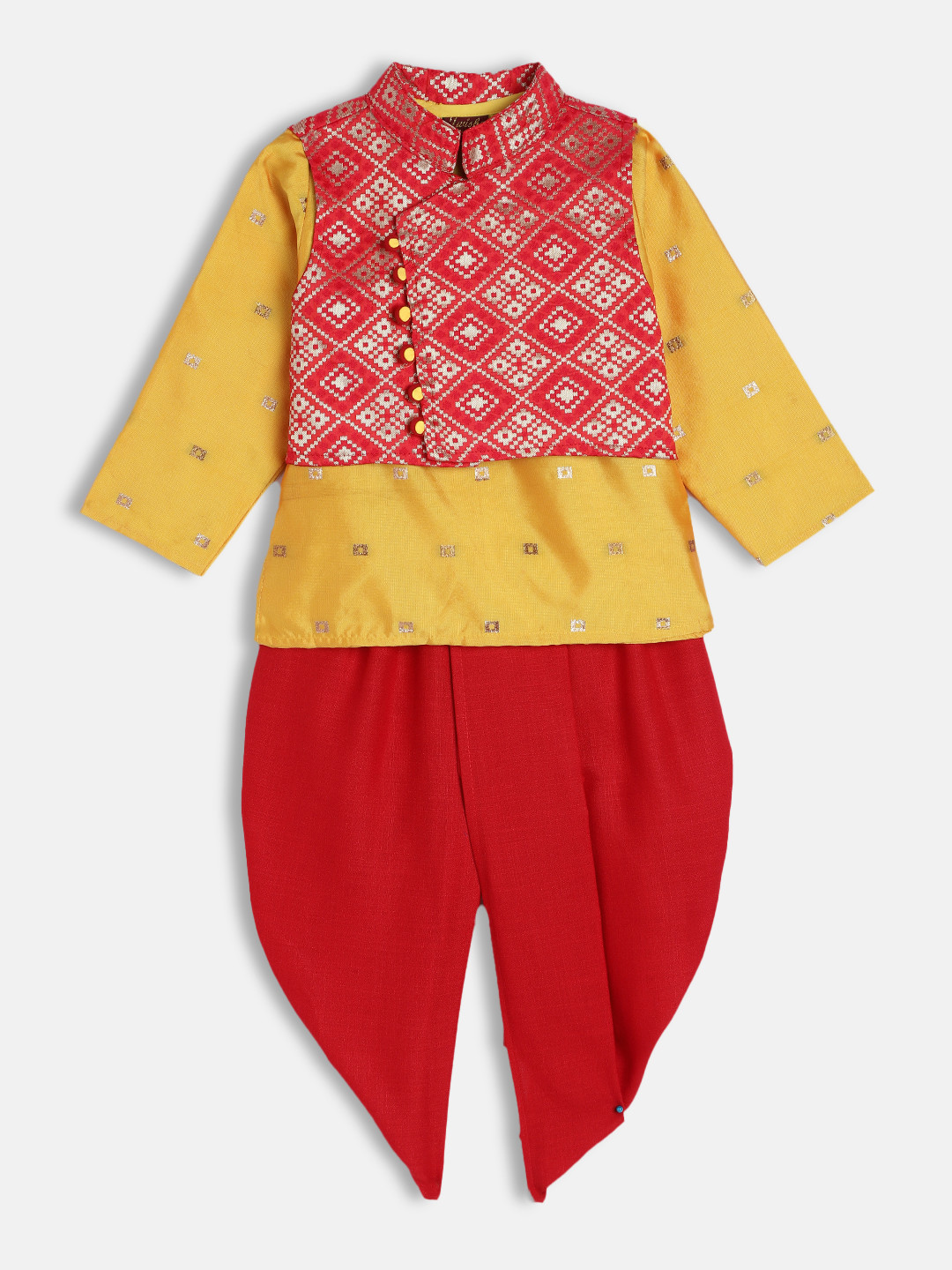Twisha Boys Red & Yellow Embroidered Kurta with Dhoti Pants with a Nehru Jacket