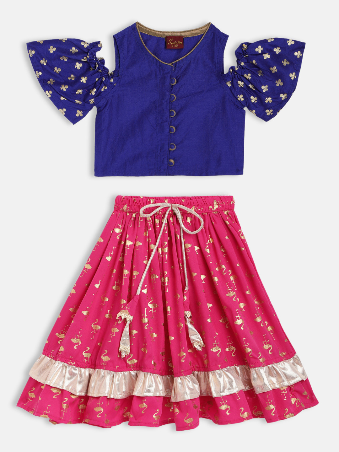 Twisha Girls Navy Blue & Pink Solid Gotta Patti Top with Ghaghra