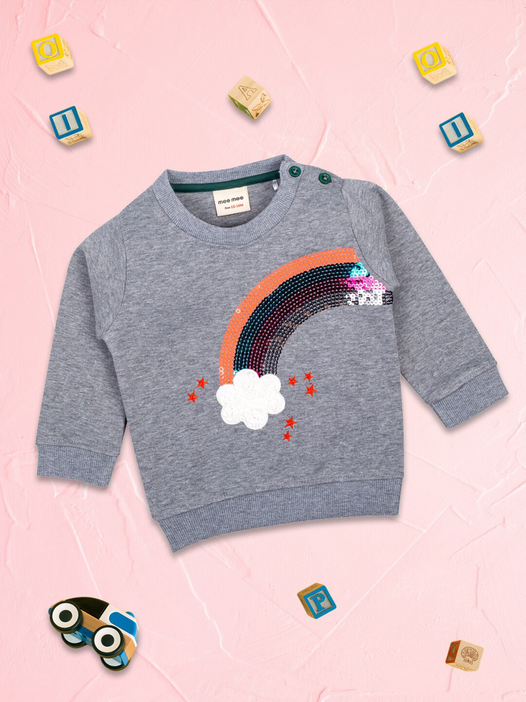 MeeMee Girls Grey Melange Print Top