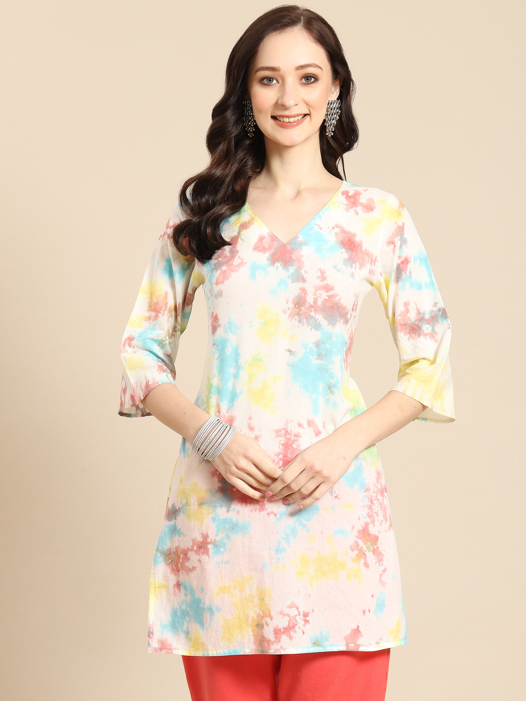 Prakrti White & Yellow Hand Tie & Dye V-Neck Pure Cotton Kurti