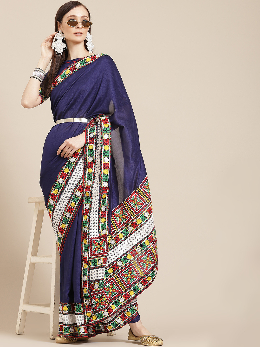 SERONA FABRICS Navy Blue & White Embroidered Border Saree