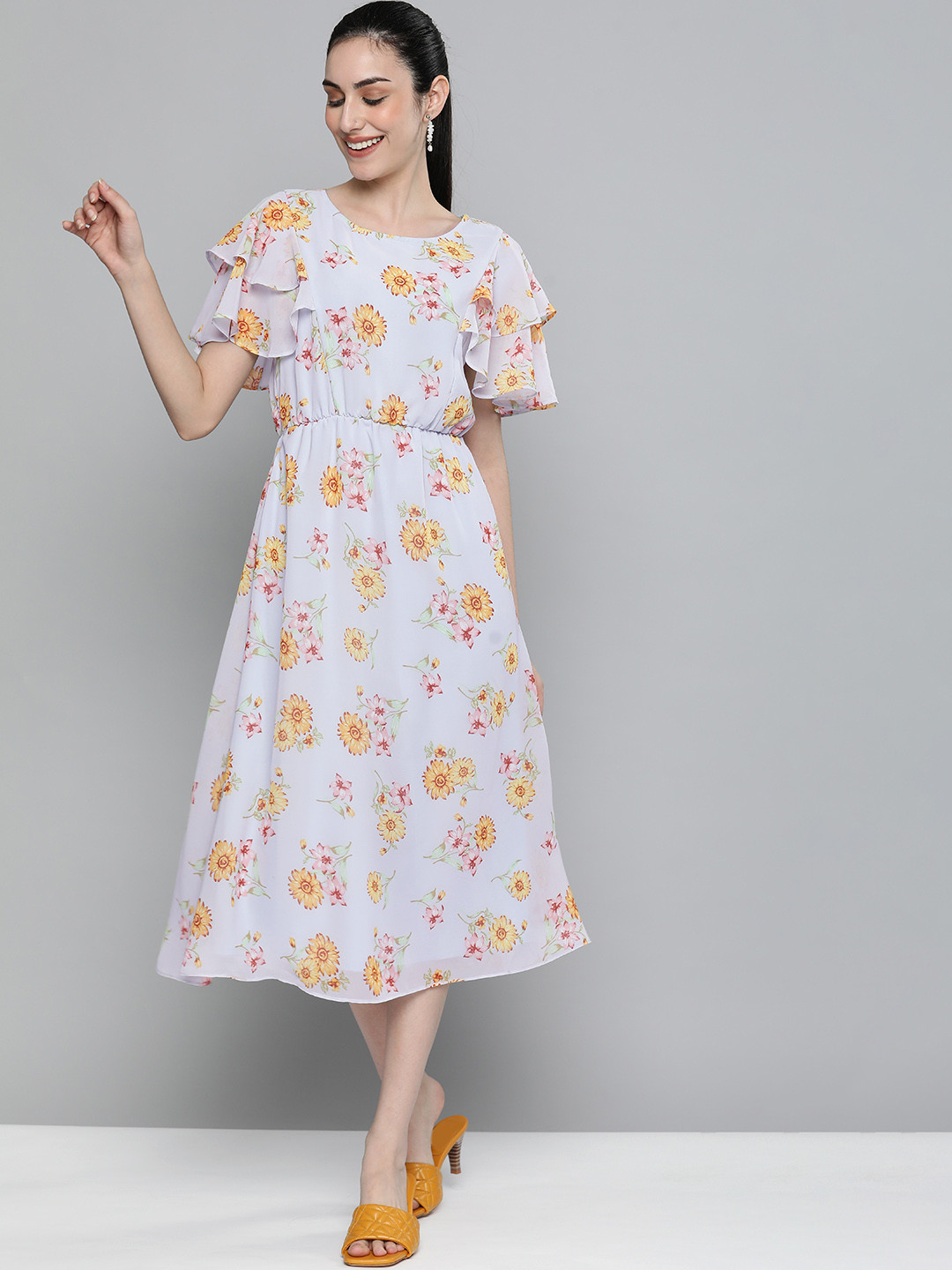 Kvsfab Blue Floral Georgette A-Line Midi Dress