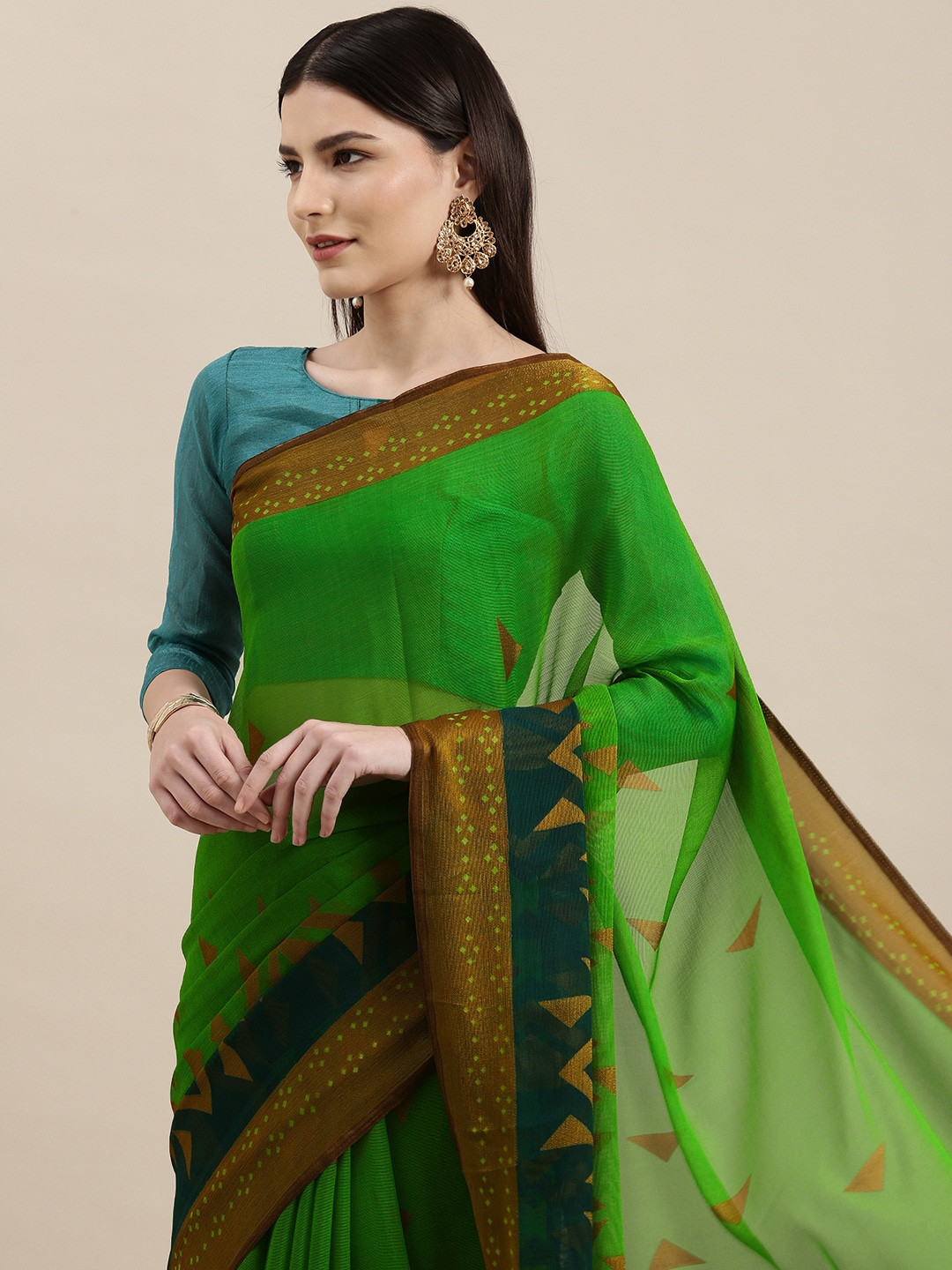 KALINI Green & Navy Blue Brasso Printed Saree