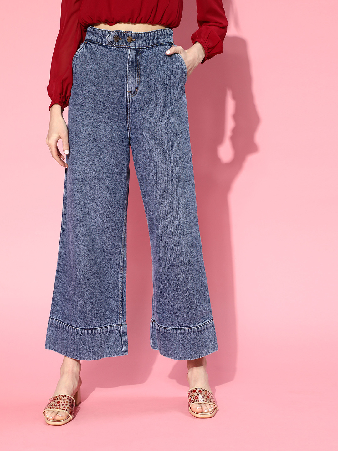 SASSAFRAS Women Stunning Blue High-Rise Wide Leg Cropped Jeans