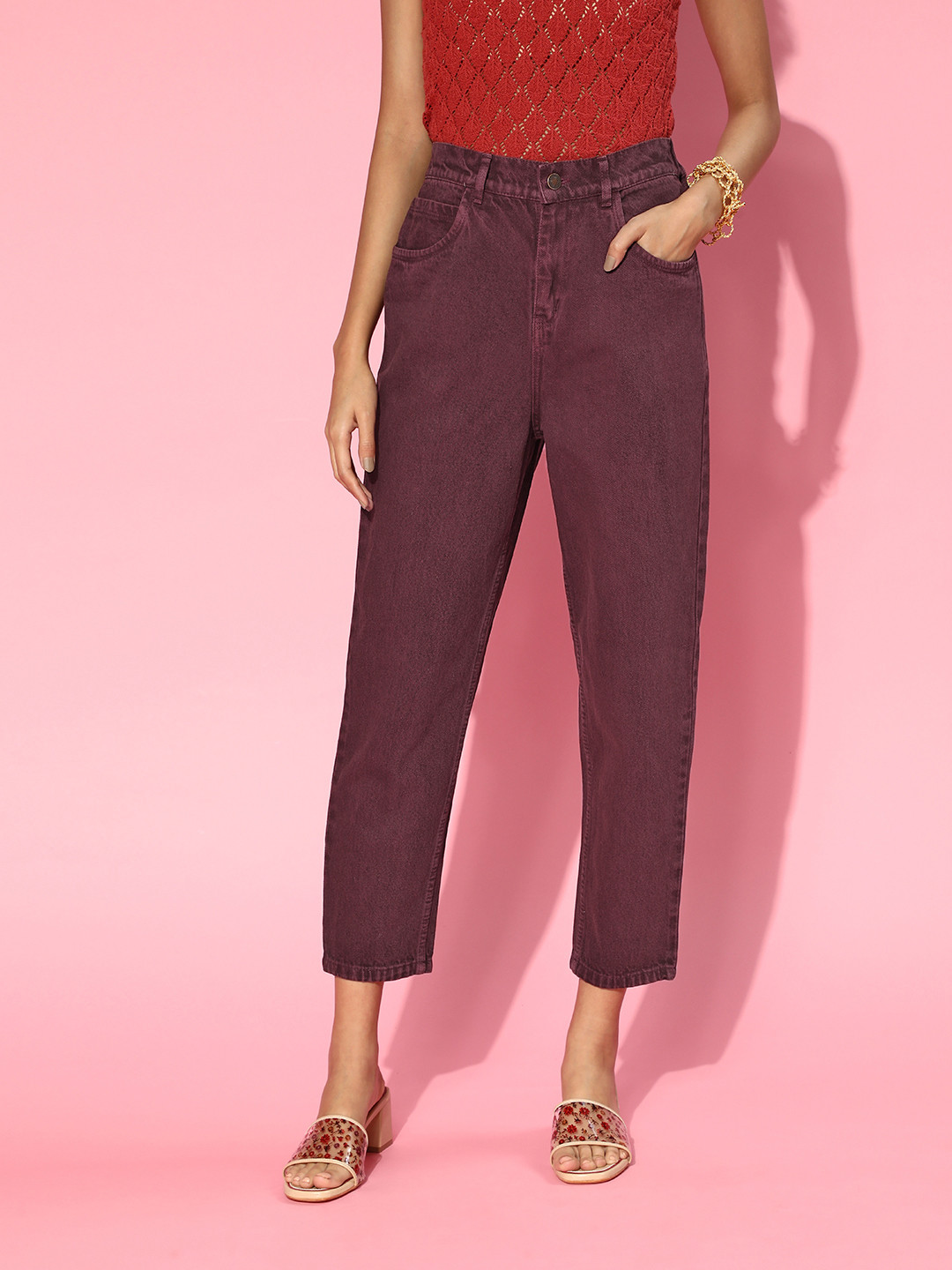 SASSAFRAS Women Deep Burgundy High-Rise Mom Fit Cropped Jeans