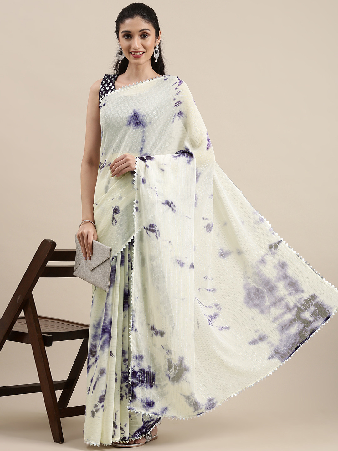 Kvsfab White & Purple Tie and Dye Shibori Print Gotta Patti Pure Georgette Saree