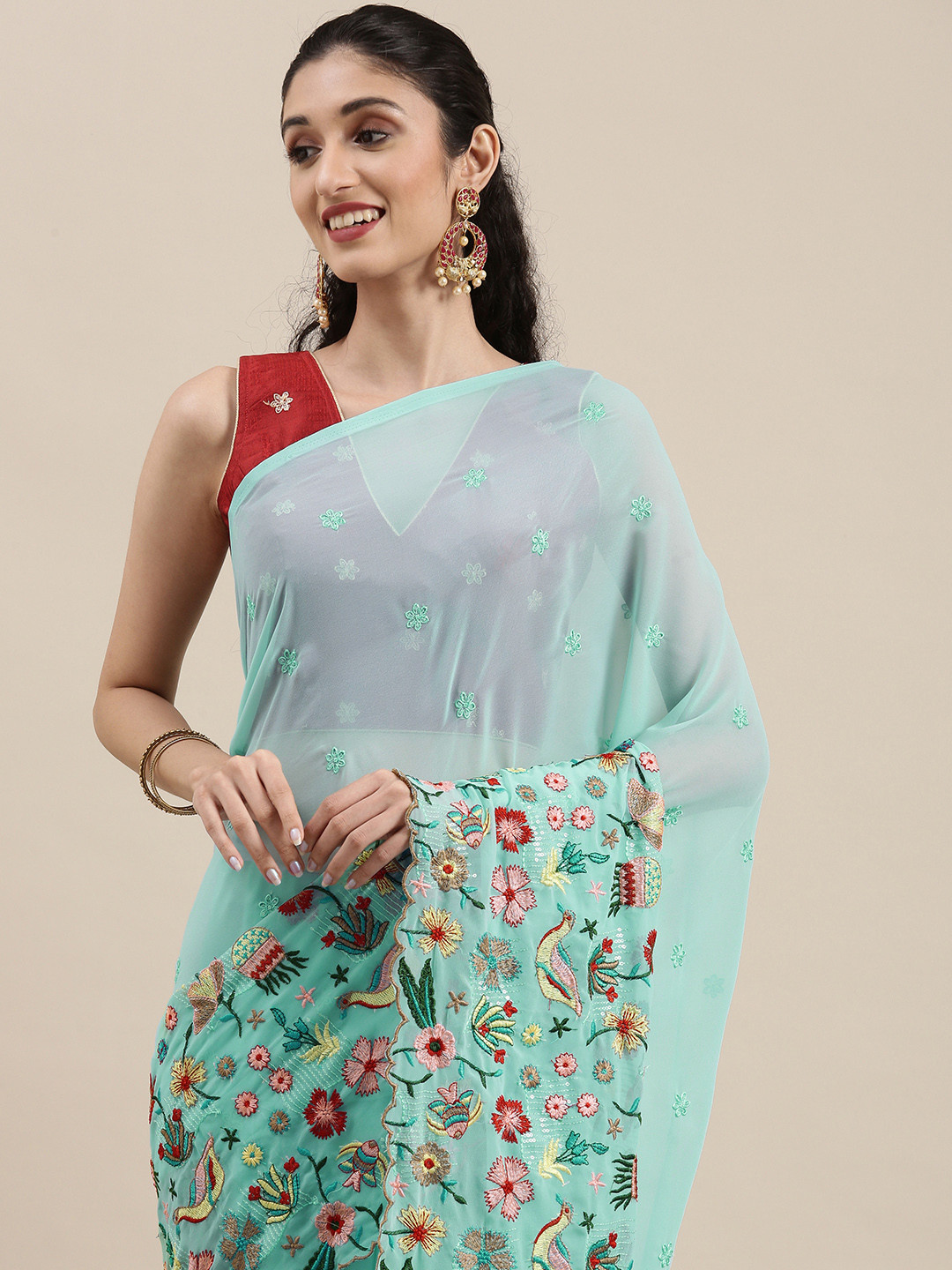 Kvsfab Turquoise Blue Floral Embroidered Sequinned & Zari Pure Georgette Fusion Saree