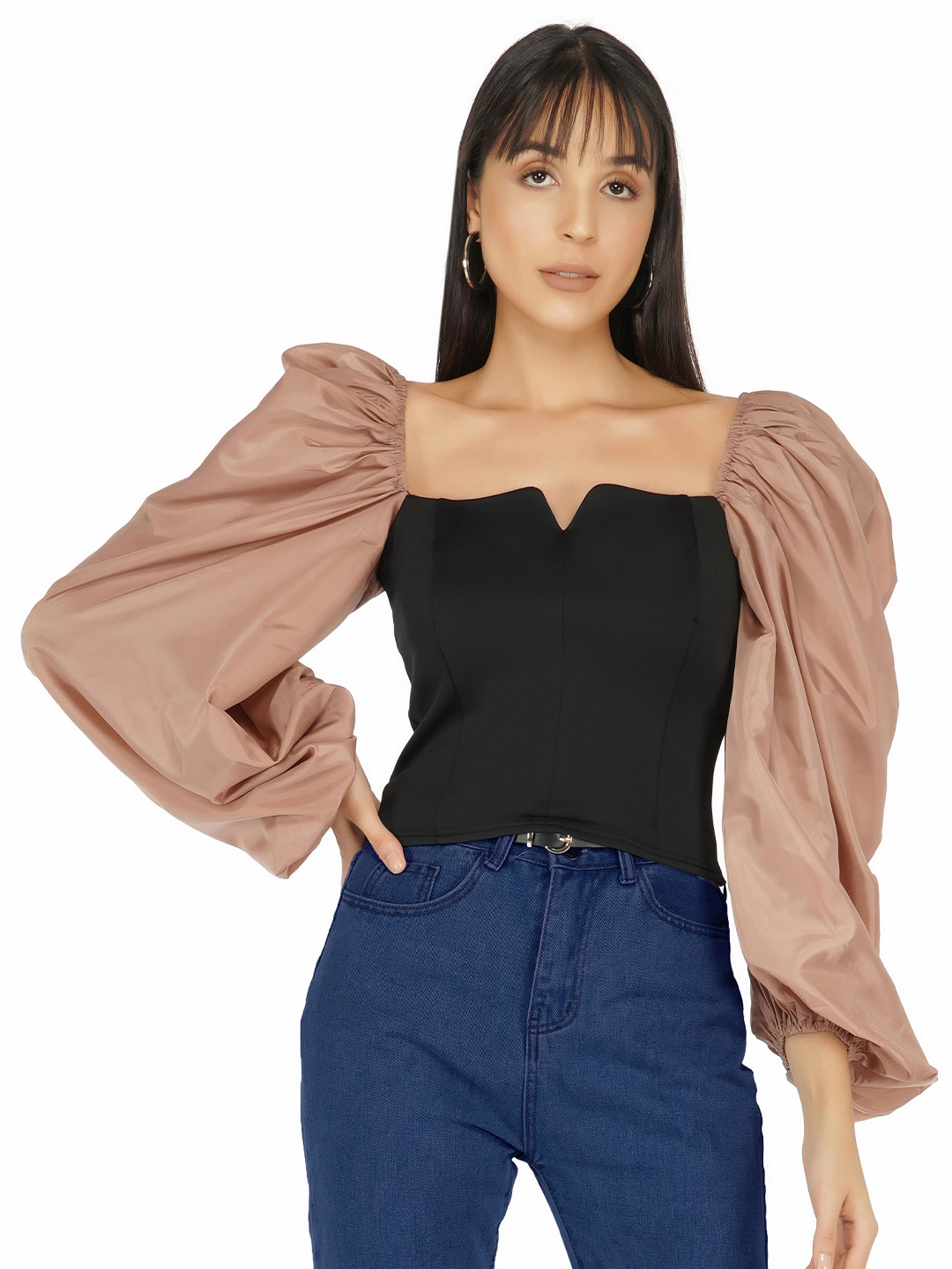 THE CLOTHING FACTORY Champagne & Black Balloon Sleeves Corset Top