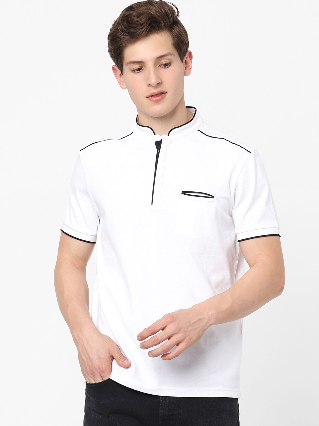 Celio Men White Regular Fit Mandarin Collar Pockets Cotton T-shirt